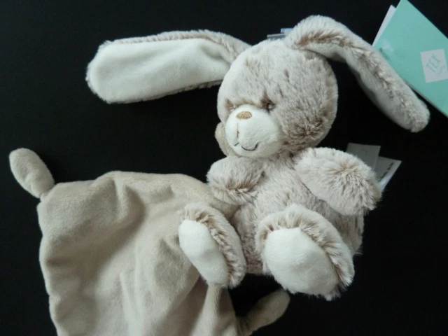 A8. DOUDOU PELUCHE TEX BABY LAPIN BEIGE CHINé MARRON MOUCHOIR BLANC - NEUF 3
