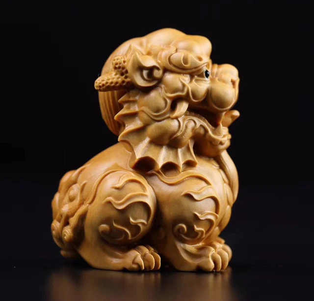 6 CM High Carved Boxwood Carving Figurine - Auspicious Kylin Baby Dragon