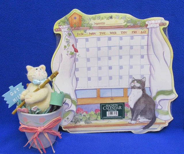 Cat Calendar Customizable Magnetic Write in Dates & Kitten Figurine in Clay Pot