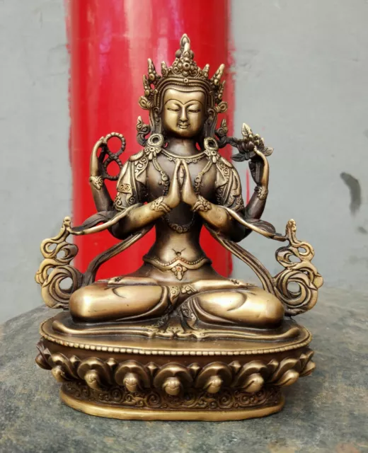 Fino Antiguo Bronce Buda Cuatro Brazos Guanyin Budismo Afortunado Estatua Auspiciosa