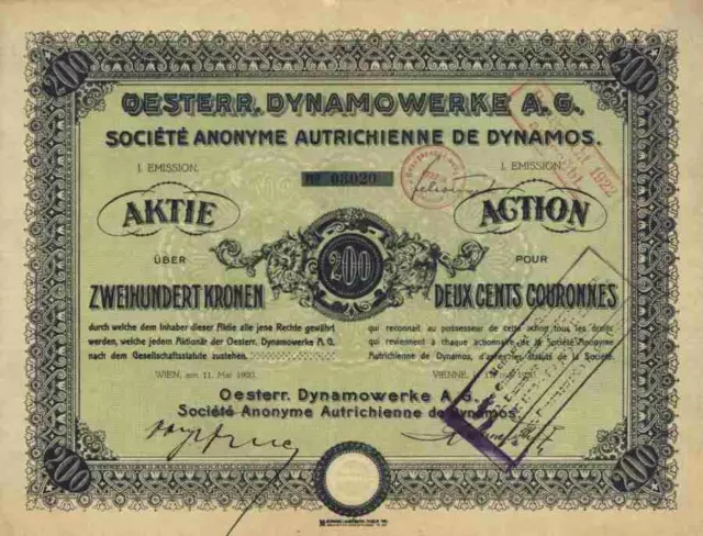 Oesterreichische Dynamowerke AG 1920 Wien M. Engel & Söhne 200 Kronen 1.Emission
