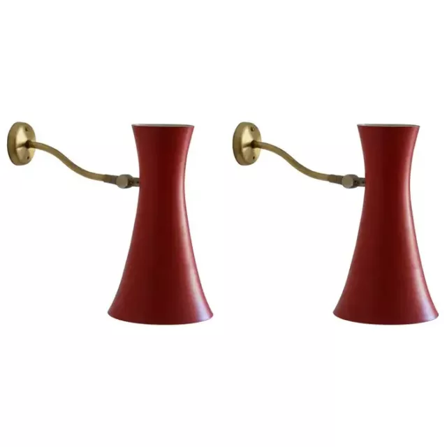 Swedish, Adjustable Wall Lights, Brass, Red Lacquered Metal, Sweden, 1950s