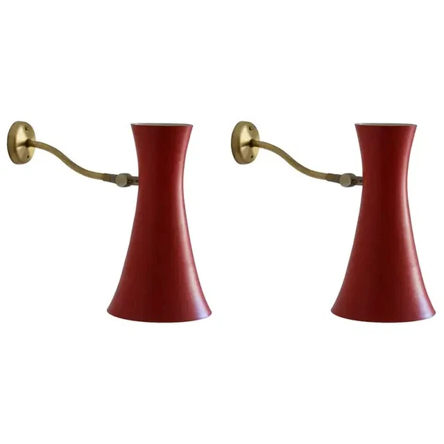 Swedish, Adjustable Wall Lights, Brass, Red Lacquered Metal, Sweden, 1950s