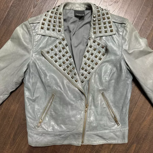 Trouve Womens Full Zip Studded Cropped Leather Moto Jacket Gray Size Small 2