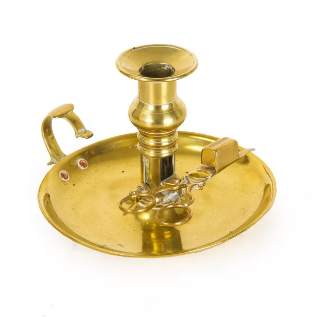 English Georgian Brass Chamberstick Candleholder w/ Wick Trimmer, 19th Century