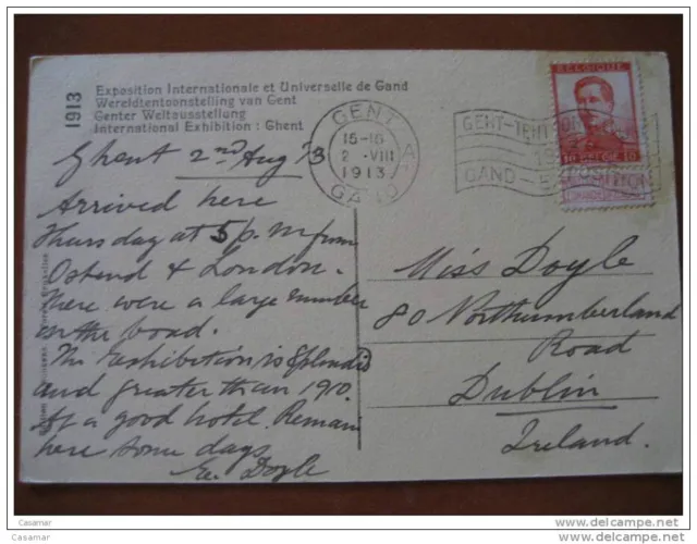 1913 Gand To Dublin Irlande Eire Expo Intégral Gent Postcard Carte Postale