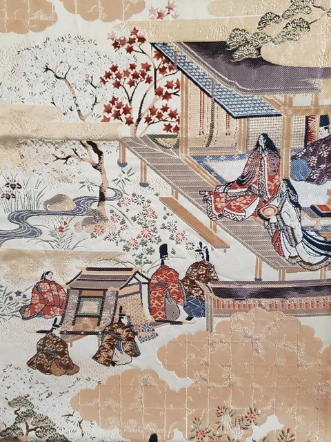 Japanese Kimono Fukuro Obi Vintage Gold Tale of Genji Heian Aristocrats Rare!!