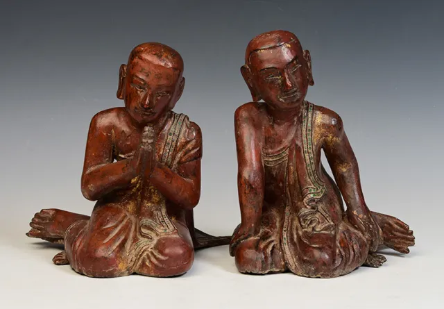 19th Century, Mandalay, A Pair of Antique Burmese Wooden Seated Disciples 11