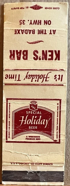Ken's Bar Badaxe De Soto WI Wisconsin Holiday Beer Vintage Matchbook Cover