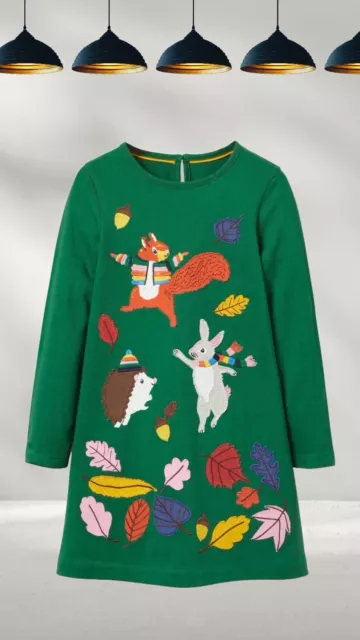 Ex Mini Boden Girl's Big Applique Dress in Forest Green Animals (A Bit Defect)