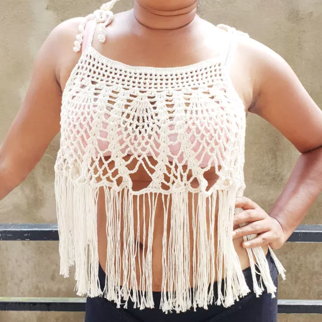 100% Handmade Crochet Cotton Mesh Top Tank Crop Top New Gift Party Cover Top