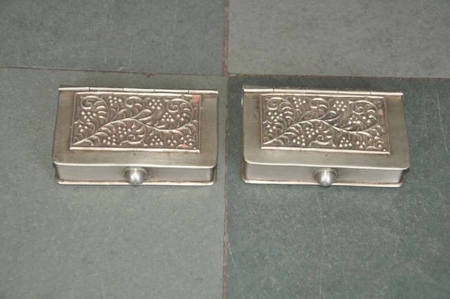 2 Pc Old White Metal Floral Embossed Book Shape Handcrafted Betel Nut Boxes