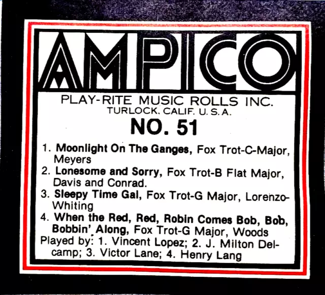 AMPICO Recut PROGRAM ROLL No. 51 Long Play Four Selection Player Piano Roll