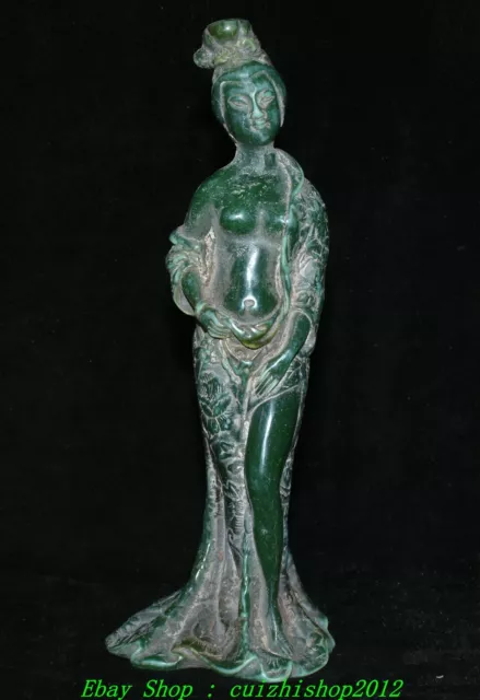 9" Old Chinese Green Jade Carved Stand Beautiful Woman Beauty Belle Statue