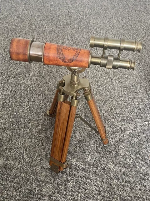 Nautical Brass Tripod Stand ~ Vintage Gift Item Leather Telescope With Wooden