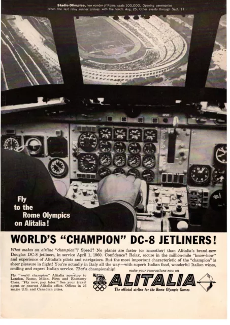 1960 Alitalia Douglas DC-8 Cockpit Stadio Olimpico Rome Olympic Games Print Ad