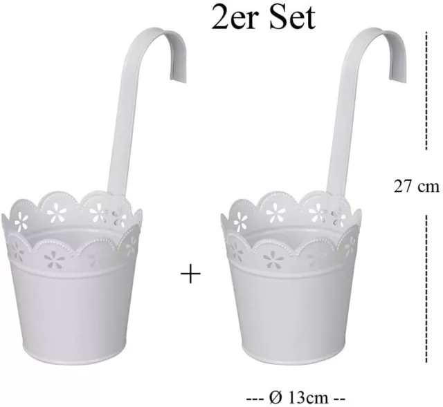 2 Stück Hängetöpfe Blumentöpfe zum Hängen Übertopf Haken weiß Kräutertopf Shabby 2