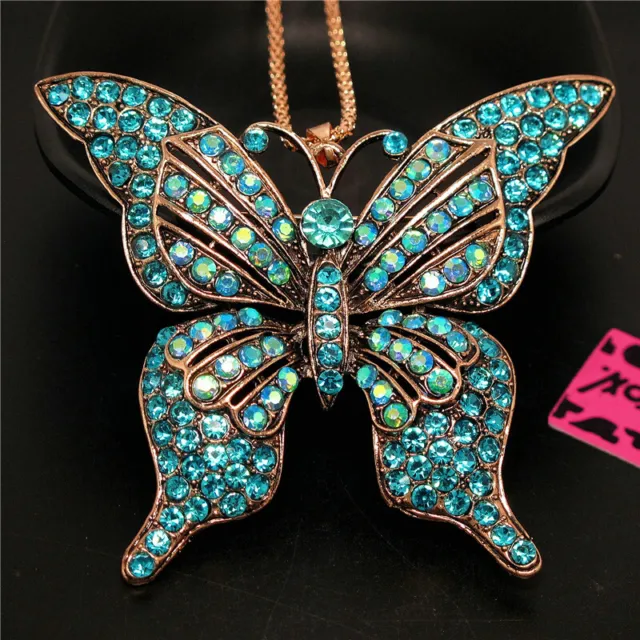 Betsey Johnson Shiny Rhinestone Blue Butterfly Crystal Pendant Chain Necklace