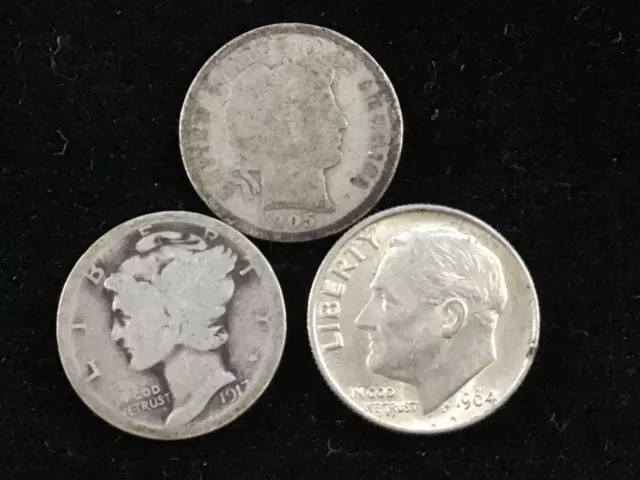 United States Barber Mercury Eisenhower 3 Different Dimes 10 Cents 90% SILVER AG