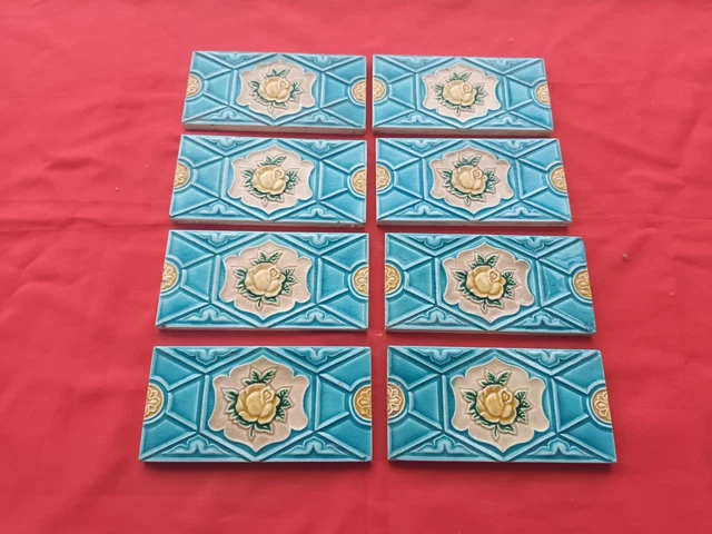 8 Piece Lot Old Art Flower Design Embossed Majolica Ceramic Tiles Japan 0193 6