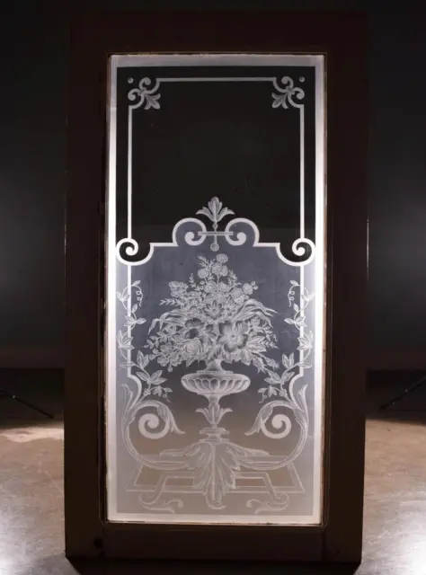 *Antique French Etched Glass Window or Panel with Painted Pine Frame