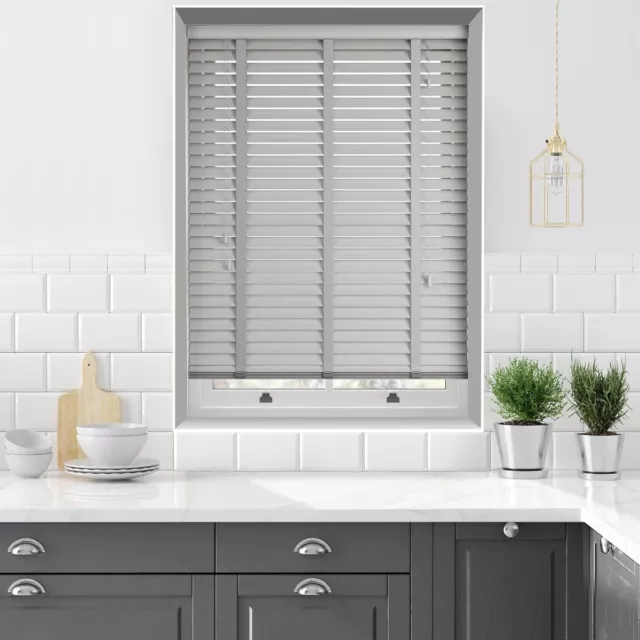 Faux Wood Venetian Blinds 50Mm White Wood Wooden Window Blind Easy Fit Trimable 2