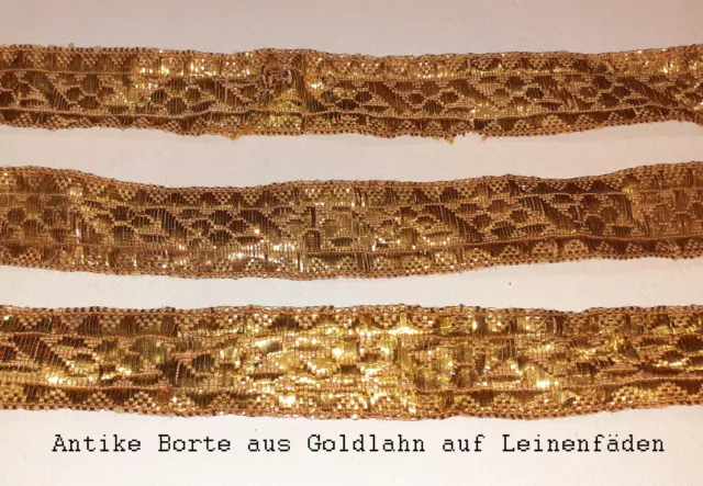 4 Stücke schöne antike Goldborten Lahn auf Leinenfaden gewebt für Klosterarbeit