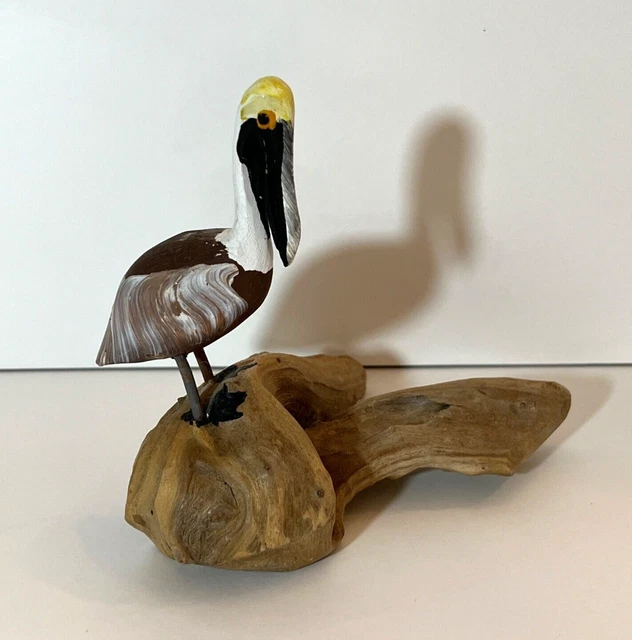 Vintage Whitton Hand Carved Wooden Pelican SHOREBIRD Driftwood Bird 6" Long
