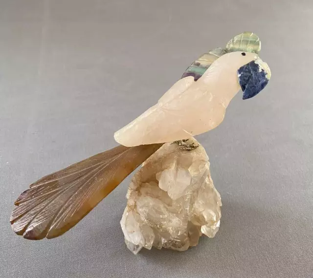 Vintage Natural Stone Hand Carved Bird Figurine on Quartz Gem Stone Base Brazil
