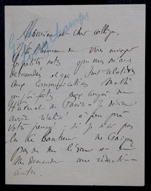 GASTON ALBERT GOHIERRE DE LONGCHAMPS LETTRE AUTOGRAPHE SIGNÉE A
