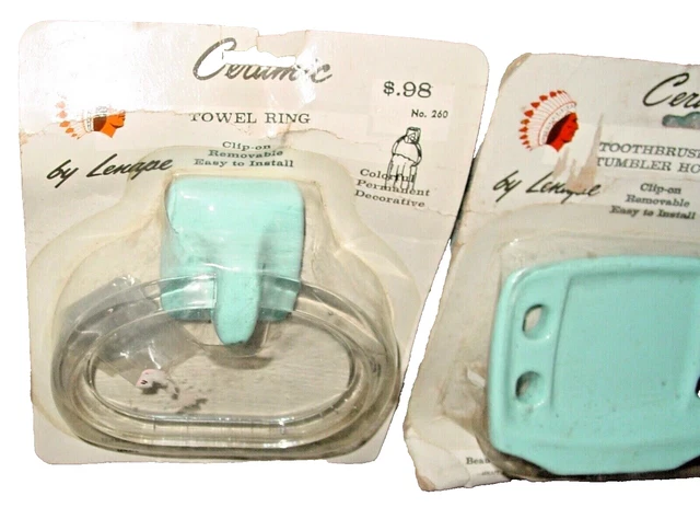 Vintage Blue Ceramic Bathroom Towel Holder Lucite Ring & Soap Dish Matched Set