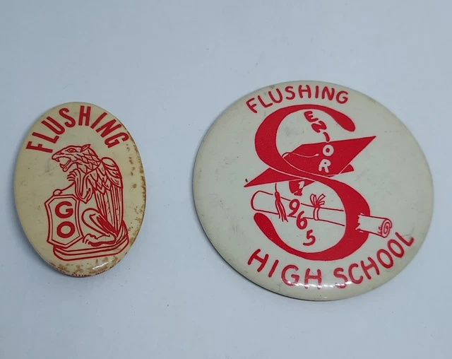 TWO VINTAGE FLUSHING High School Senior Class 1965 Pin New York City
