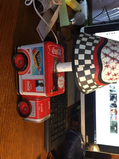 Coca Cola Coke Red Delivery Truck Tin Box Canister Turning Wheels Made Into Lamp