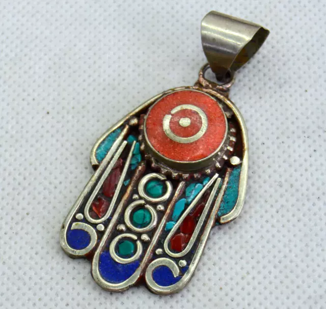 Ancient Victorian Old Pendant Silver Necklace Hamsa Amulet With Natural Stones