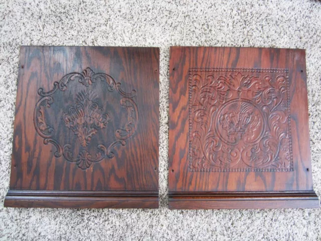 2 CROWN Oak Architectural Panel Embossed Carved Victorian Plaques Furniture Part