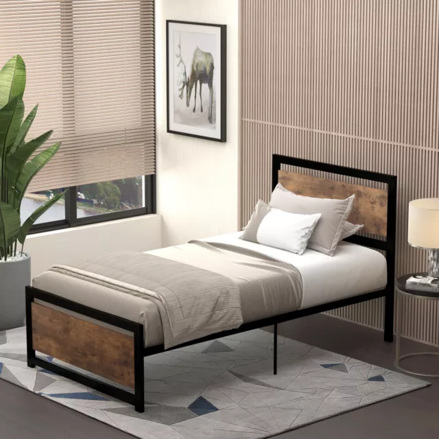 Single Size Metal Bed Frame Slat Support Bedstead Base w/ Headboard & Footboard