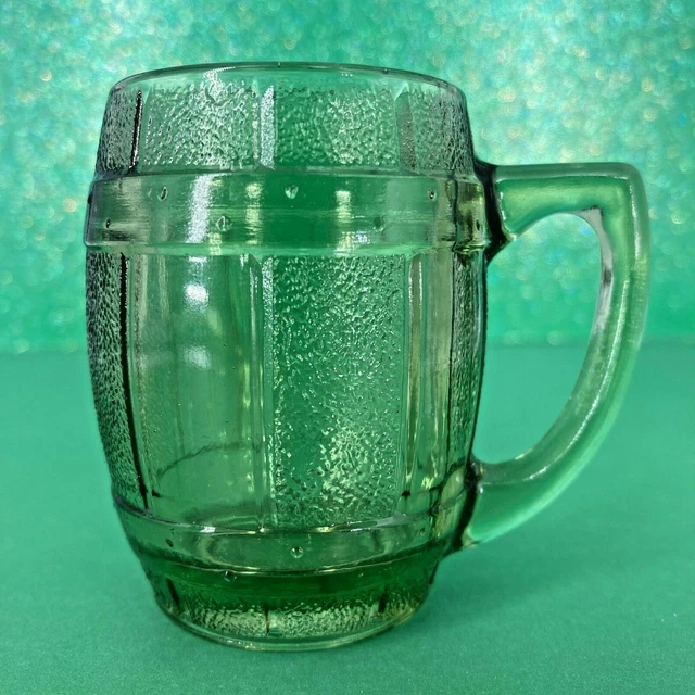 VINTAGE GREEN DEPRESSION Glass Whiskey Barrel Shaped Shot Glass