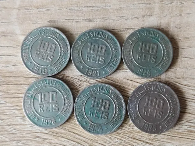 Brazil lot of 6 coins 100 reis 1918+1921+1924+1926+1934+1935