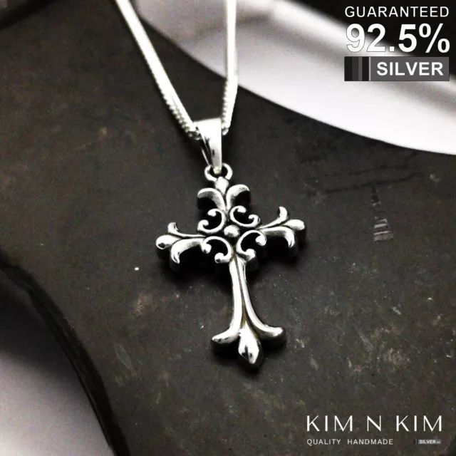 925 Argent Pendentif Croix Fleur de Lys Héraldique Lily ✔️ Vintage ✔️ Solid ✔️