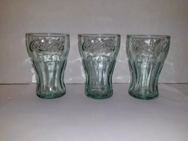 Set of 3 Vintage Green Glass Coca-Cola Coke Glasses 3" Mini Glasses Shot Juice