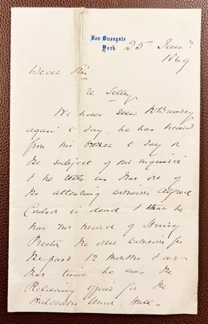 1869 Letter from J & R. Holtby, Solicitors, Low Ousegate, York