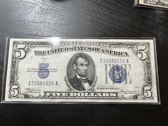 1934 A $5 Five Dollar Silver Certificate Note Crisp UNC Fancy Serial E55986556A