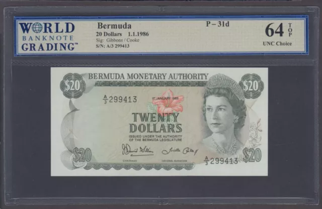 BERMUDA P.31d- 9413  20 DOLLARS 1986 PFX A/3 QE II CHOICE UNC 64 TOP        2311