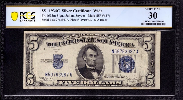 1934 C $5 SILVER CERTIFICATE NOTE WIDE FR.1653m MULE BACKPLATE 637 PCGS B VF 30