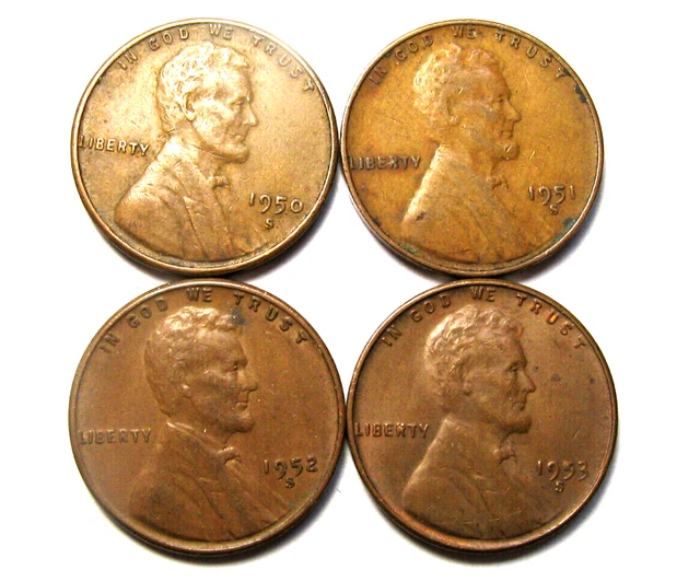 1950 S-1951 S -1952 S -1953 S - Lincoln Wheat Penny One Cent US Coins - Lot Of 4