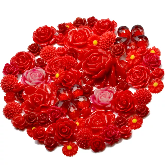 RED SET Resin Flatback Flower Rose Cabochon Craft Embellishments Decoden Gems