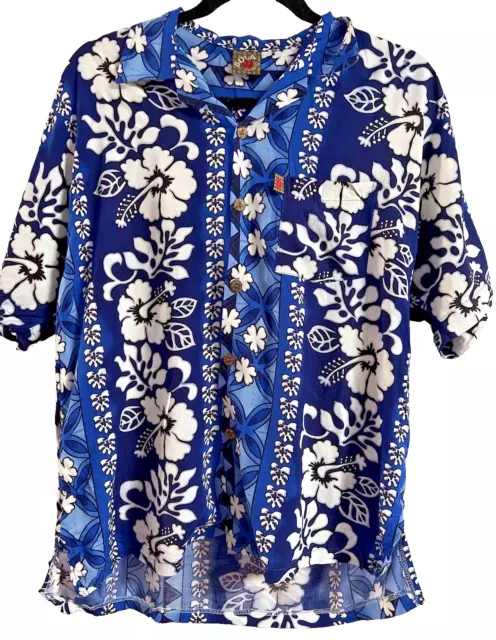 Hawaiin Shirt by Bula Shirts Blue & White floral pattern Size Medium Loose fit