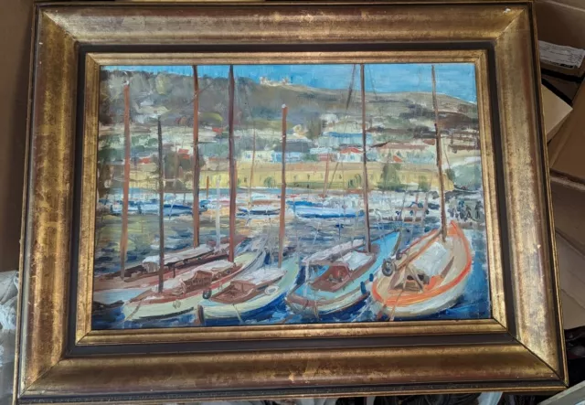 Tableau Huile sur panneau Voiliers bateaux Port Méditerranée Corse