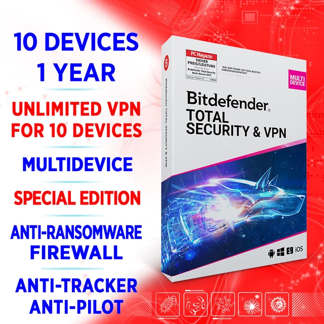 BITDEFENDER TOTAL SECURITY 2024 & Premium unlimited VPN per 10