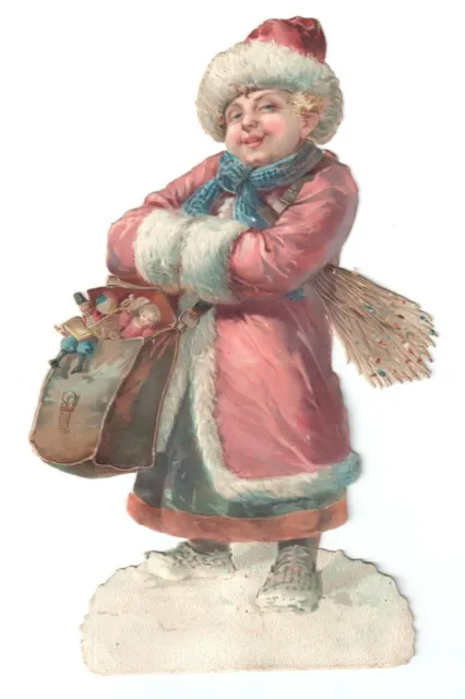 Rare Antique Christmas Die Cut Boy-Santa Claus Switches Saddlebag Toys Snow
